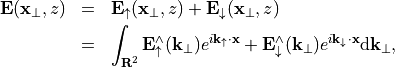\begin{eqnarray*}
\VField{E}(\pvec{x}_\perp, z) & = & \VField{E}_{\uparrow}(\pvec{x}_\perp, z) +\VField{E}_{\downarrow}(\pvec{x}_\perp, z) \\
{} & = & \int_{\rnum^2} \VField{E}_{\uparrow}^{\wedge}(\pvec{k}_\perp) e^{i\pvec{k}_\uparrow \cdot \pvec{x}} + \VField{E}_{\downarrow}^{\wedge}(\pvec{k}_\perp) e^{i\pvec{k}_\downarrow \cdot \pvec{x}}\dd \pvec{k}_\perp,
\end{eqnarray*}